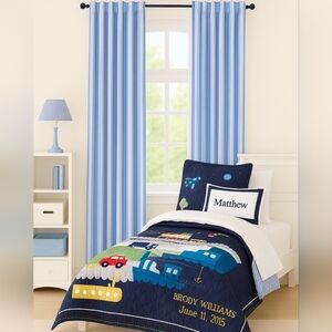 Pair Of Pottery Barn Kids Classic Stripe Blue Curtain Panels Inverse Tab Loop